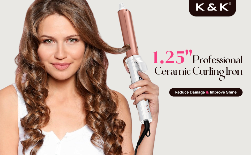 Model with loose chestnut curls holding a K&K curling iron