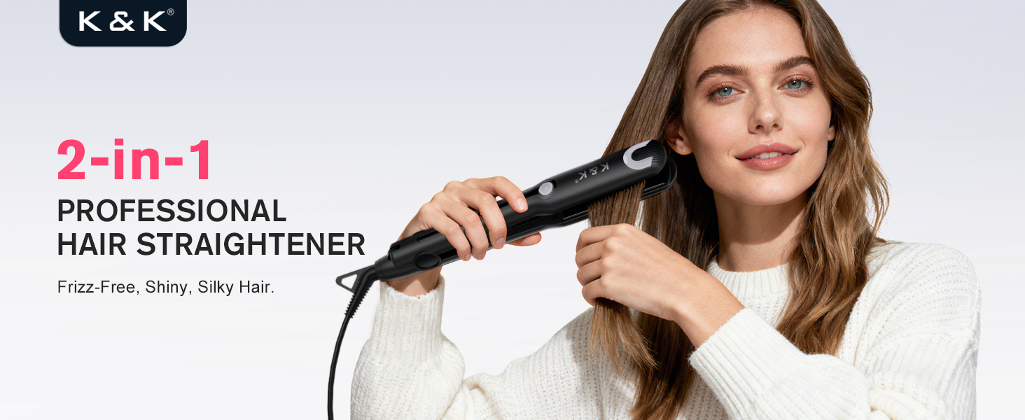 Model smoothing her hair with a K&K flat iron