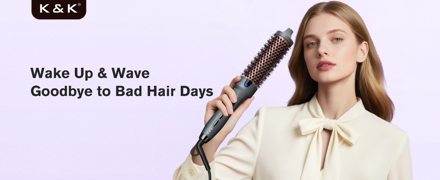 Model with long chestnut hair holding a K&K thermal brush